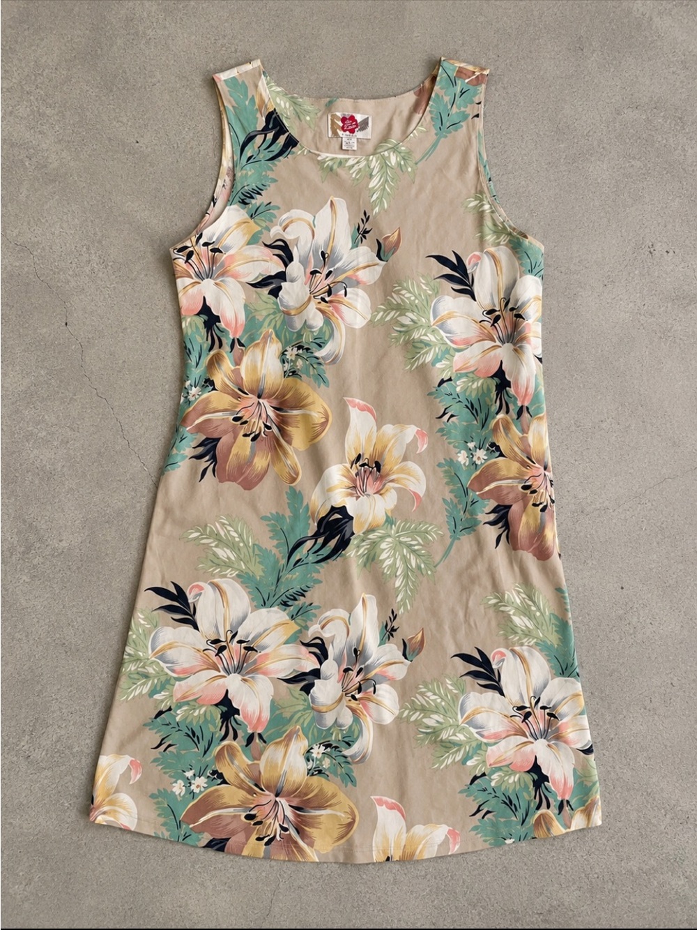 90s Hilo Hattie Hawaiian Floral Shift Dress Large Beige Tropical Sleeveless FLAW